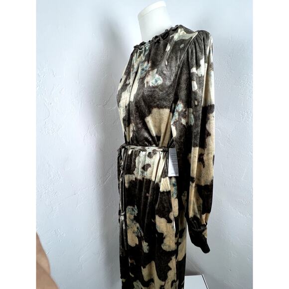 NWT Midi VELVET LONG SLEEVE DRESS Tie Waist Pockets Brown Gold Olive Women Small - Picture 9 of 16